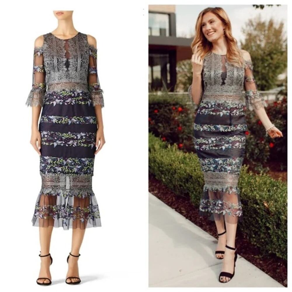 Marchesa Notte Cold Shoulder Metallic Lace Embroidered Tulle Dress Size 6